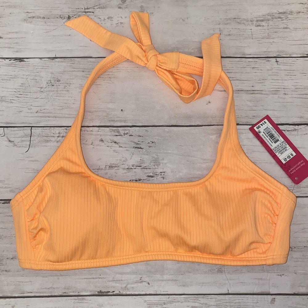 Xhilaration Bikini Top Womens Small Neon Orange Ribbed‎ Halter Bra NEW Swim S